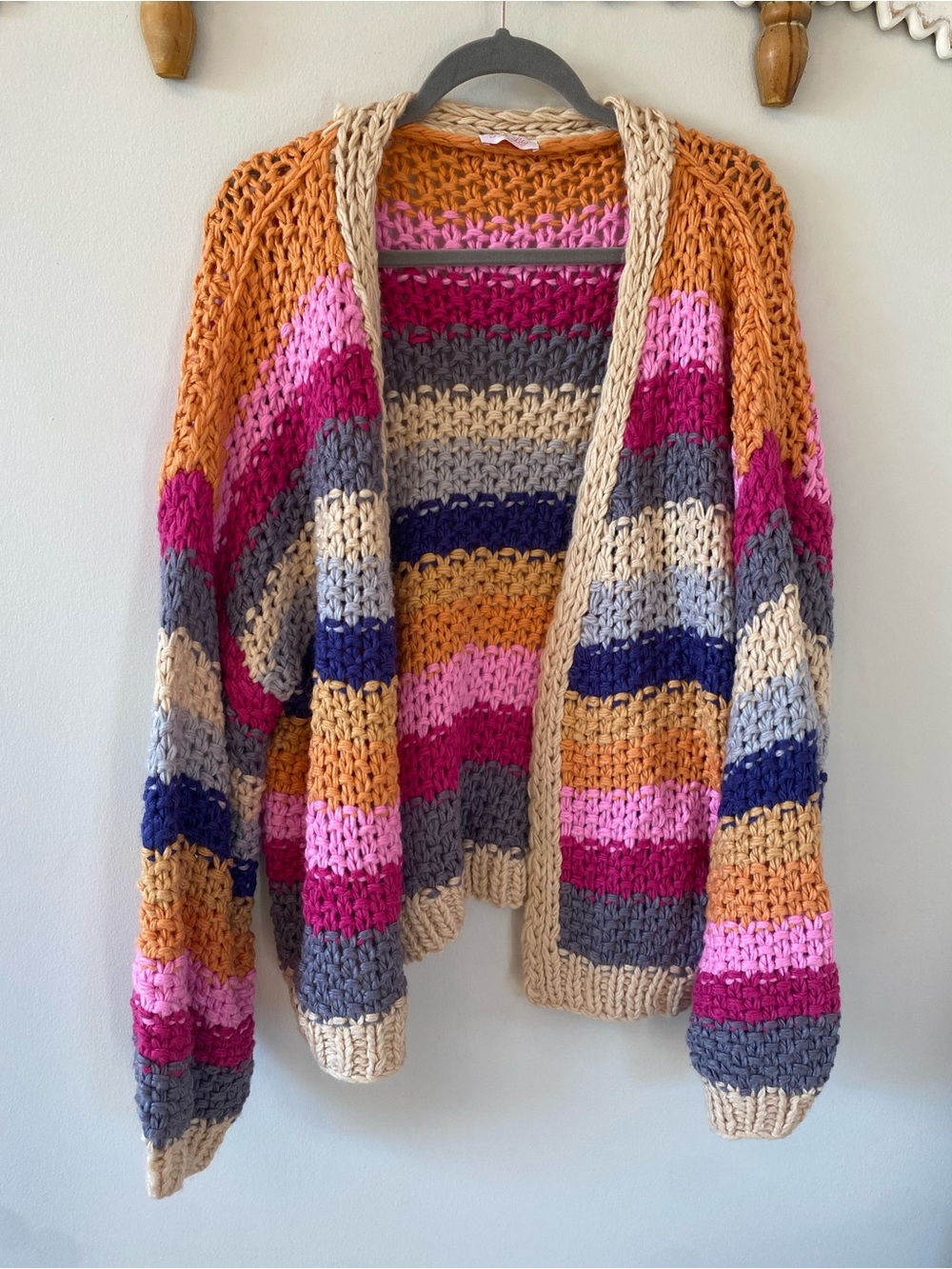 Pink Lily Multicolor Chunky Striped Open Knit Cardigan cottagecore size large - Picture 7 of 7